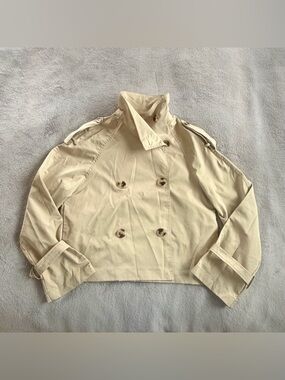 Womens Beige Button Long Sleeve Trench Coat Size S